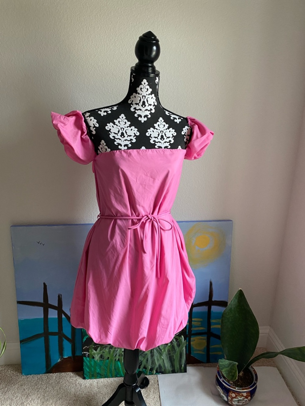 STAUD Pink Puff-Sleeve Mini Dress
